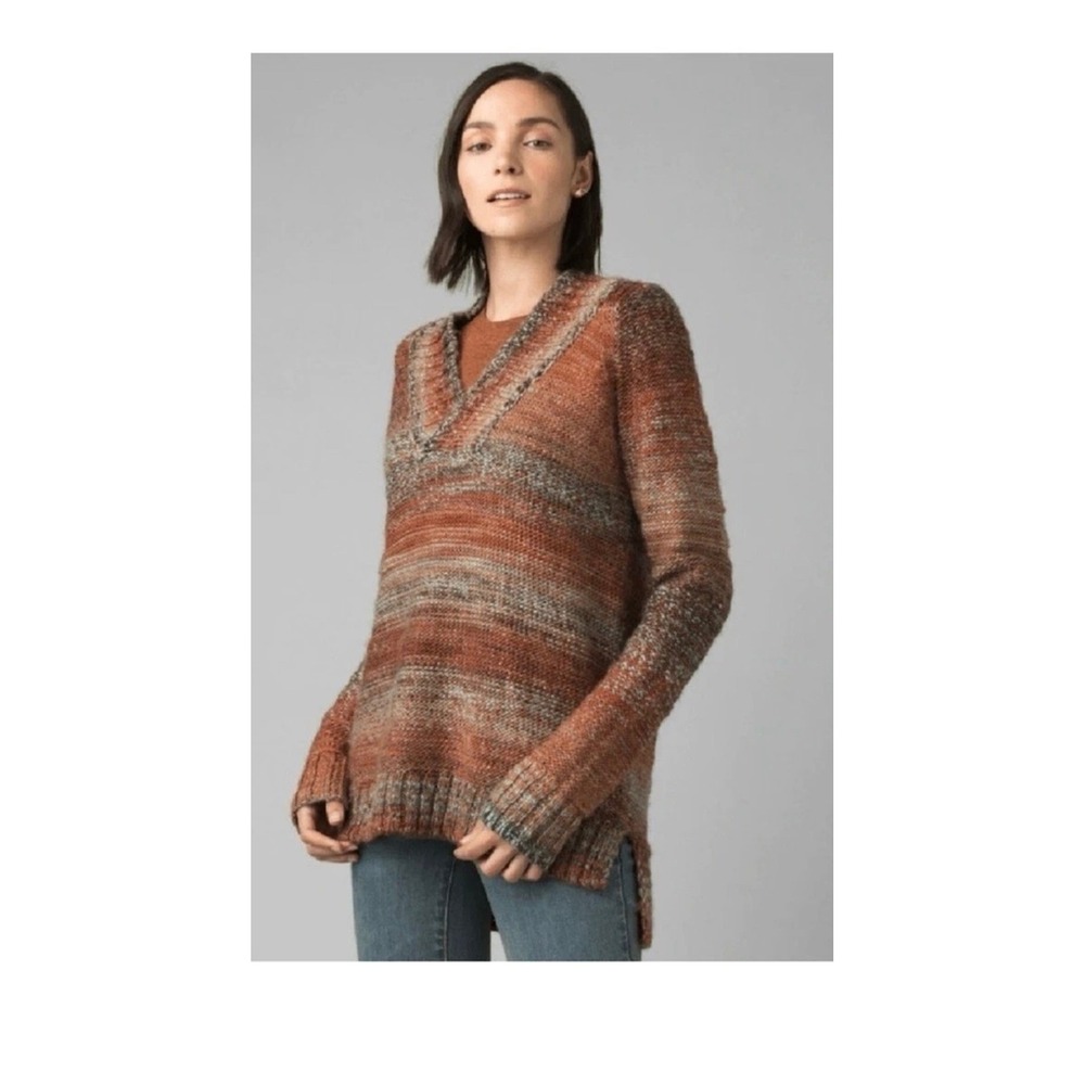 Prana Women's Claus Sun Dried Wool Blend Tan V-Neck Sweater Size XL Boho Preppy